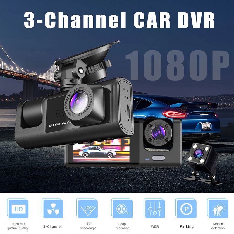 3-Channel Dash Cam – 1080P Dual Lens Car DVR with Rear View Camera