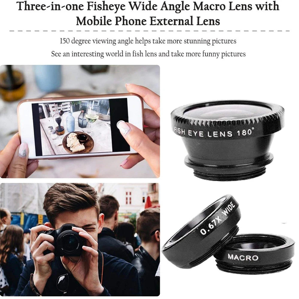 3-in-1 Phone Lens Kit – Wide Angle, Fisheye & Macro Clip-On Lenses