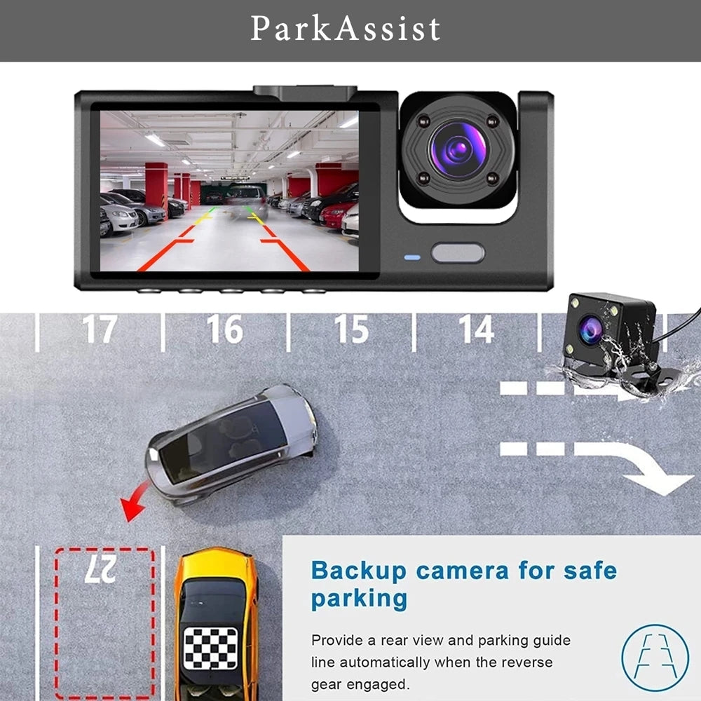 3-Lens Full HD Dashcam – 1080P 3-Channel Car DVR with LCD Screen