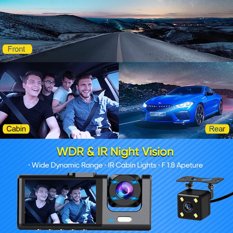 3-Channel Dash Cam – 1080P Dual Lens Car DVR with Rear View Camera