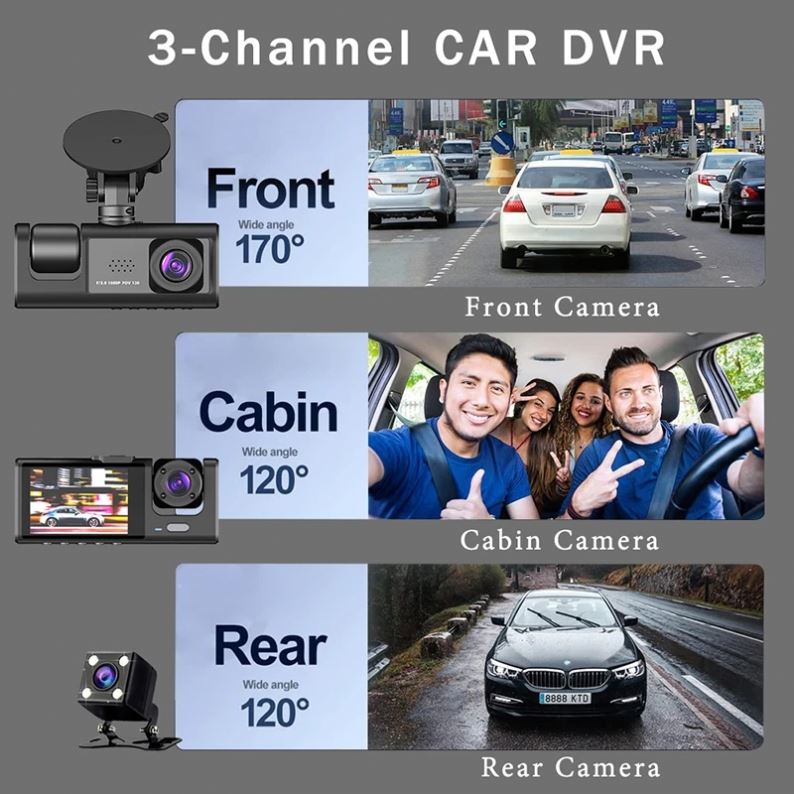 3-Channel Dash Cam – 1080P Dual Lens Car DVR with Rear View Camera
