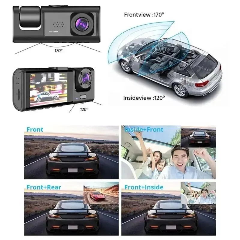3-Lens Full HD Dashcam – 1080P 3-Channel Car DVR with LCD Screen